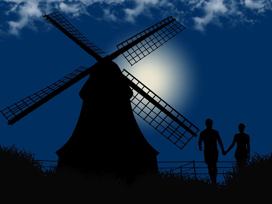 romantic, night, couple, mill, silhouette, fantasy, romance HD wallpaper
