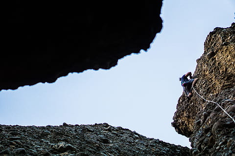 blue, sky, hill, rock, cliff, people, man, climbing, rappelling HD wallpaper