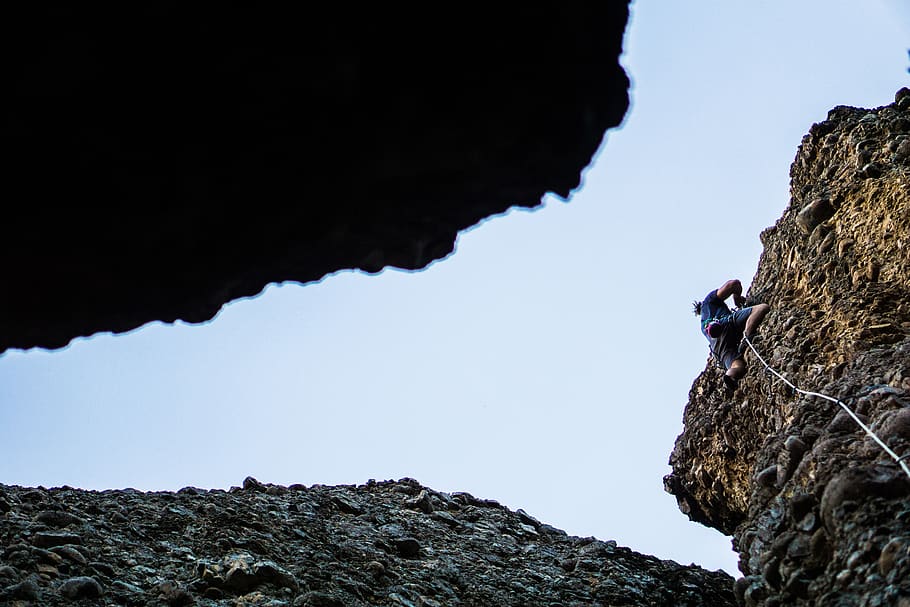 blue, sky, hill, rock, cliff, people, man, climbing, rappelling HD wallpaper