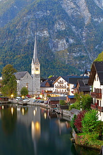 hallstatt, church, lake, austria, building exterior, built structure HD wallpaper