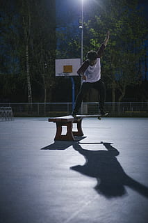 man doing skateboard stunt on bench, human, person, people, apparel HD wallpaper