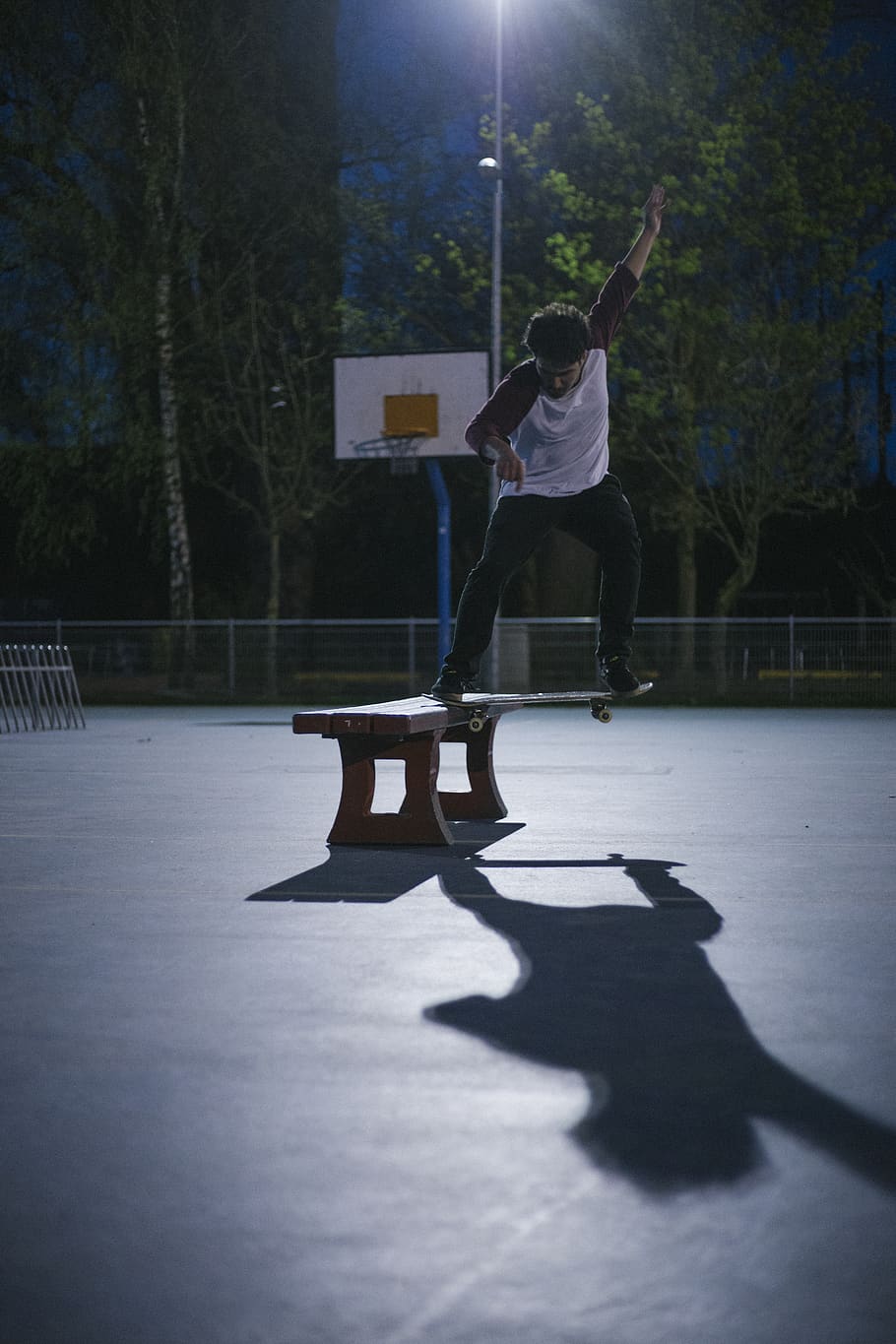man doing skateboard stunt on bench, human, person, people, apparel HD wallpaper
