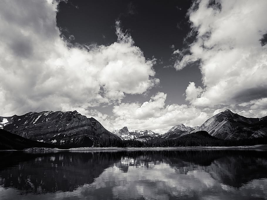 HD wallpaper: canada, kananaskis, sky, lake, trees, black and white ...