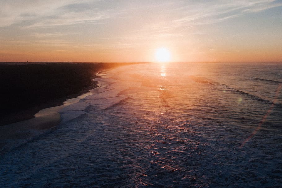 ocean during golden hour, sun, aerial, water, mavic2pro, wafe HD wallpaper