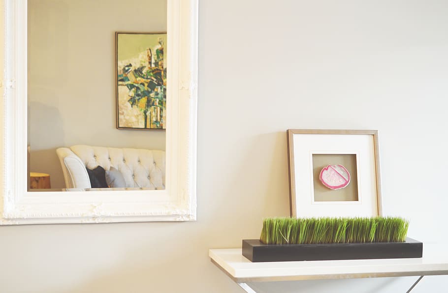Rectangular White Wood-framed Wall Mirror, couch, decor, design HD wallpaper