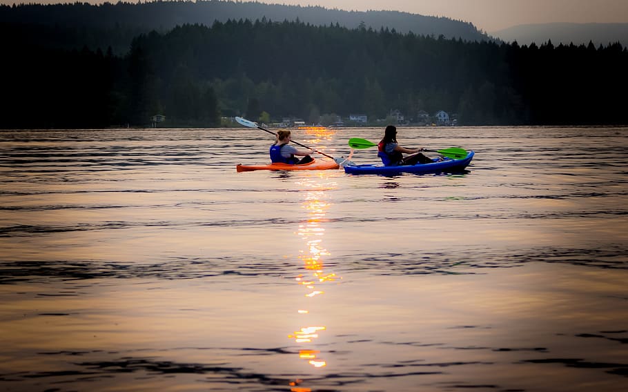 sunset, kayaking, lake, summer, outdoor, nature, paddle, forest HD wallpaper