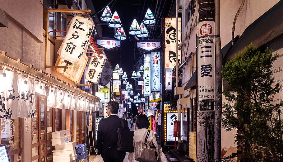 man and woman walking on alley, neon, street, stranger, architecture HD wallpaper