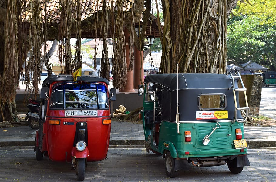 two assorted-color auto rickshaws parked on sidewalk, mode of transportation HD wallpaper