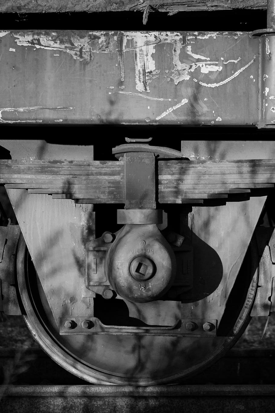train, wheel, rails, railway, rusty, black and white, shadows HD wallpaper