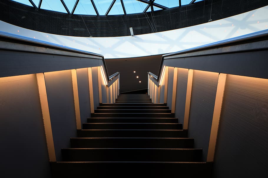 black building, architecture, indoors, staircase, built structure HD wallpaper