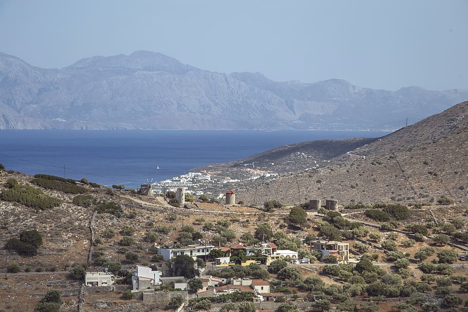 greece, elounda, view, hill, mountain, sea, mediterranean, crete HD wallpaper