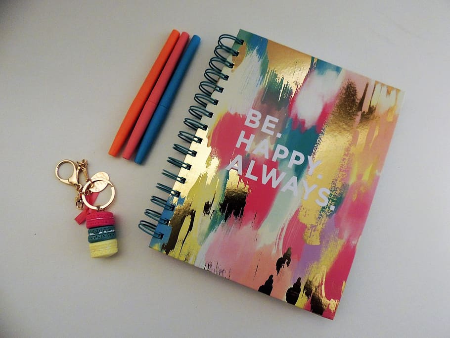 Be Happy Always Spring Notebook Beside Three Assorted-color Pens, HD wallpaper