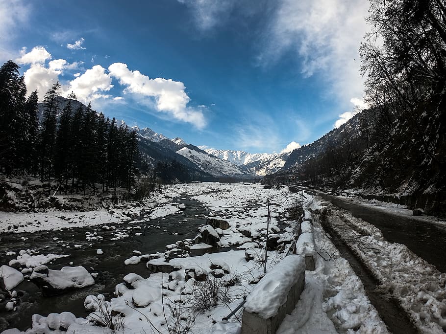 snow covered river, mountain, nature, outdoors, mountain range HD wallpaper