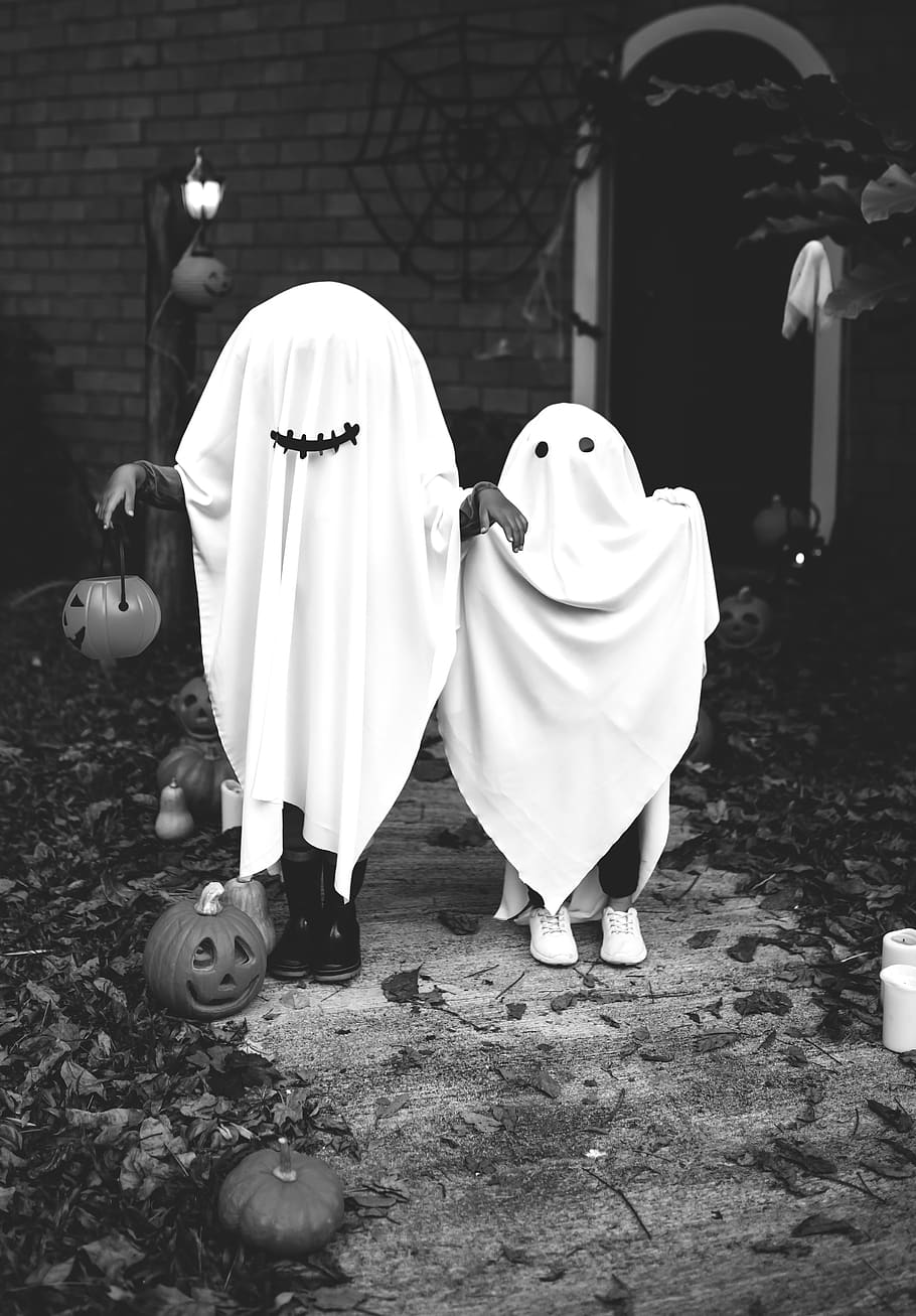 Two People Dressed As Ghost, adorable, black-and-white, celebration