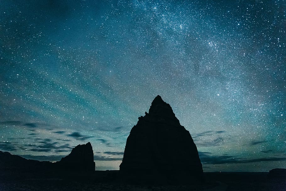 rock, hill, dark, sky, clouds, stars, night, star - space, astronomy HD wallpaper