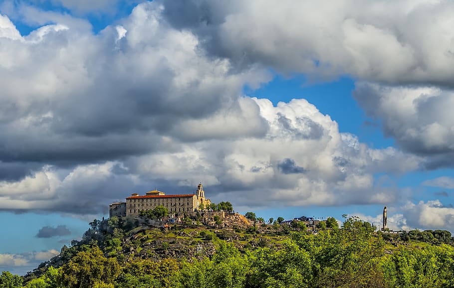 tree, building, plant, mount, cloud, sky, landscape, nature HD wallpaper