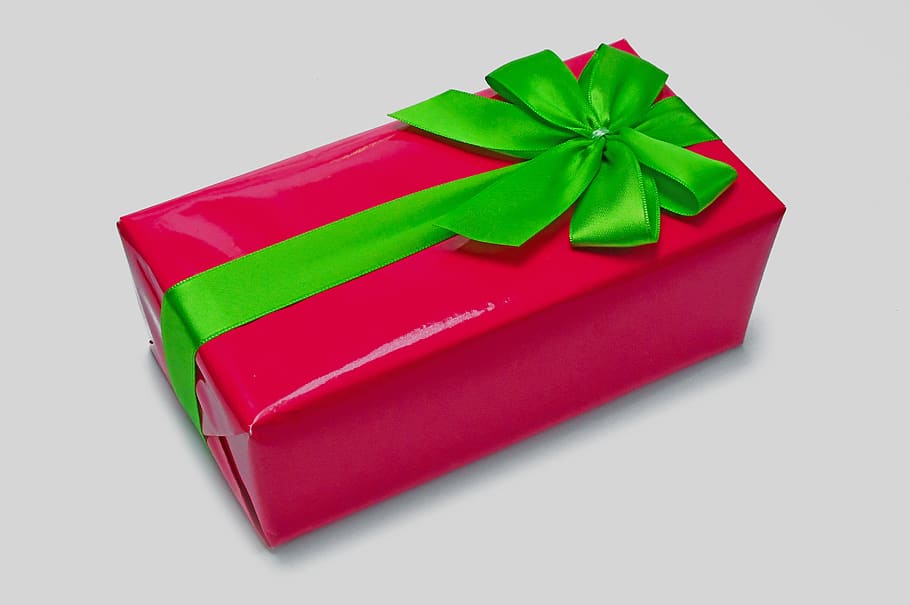 pink, packaging, box, wrapping, green bow, design, background HD wallpaper