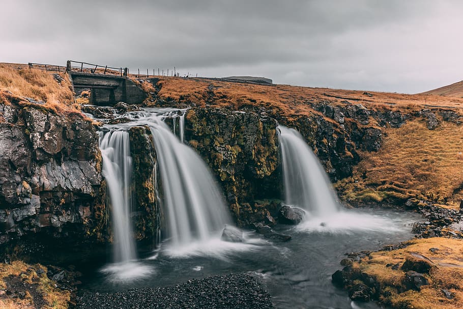 canyon, cascade, daylight, environment, grass, landscape, long exposure HD wallpaper
