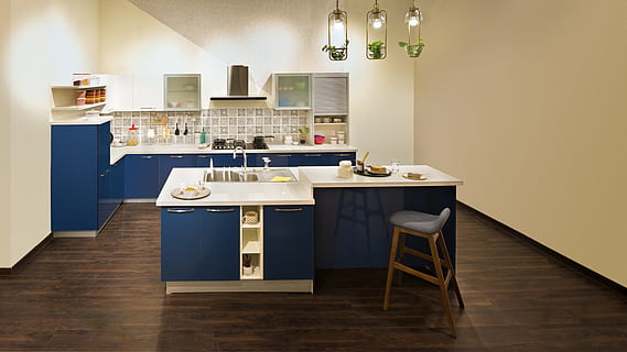 blue-and-white kitchen cupboard and isel, furniture, room, indoors HD wallpaper