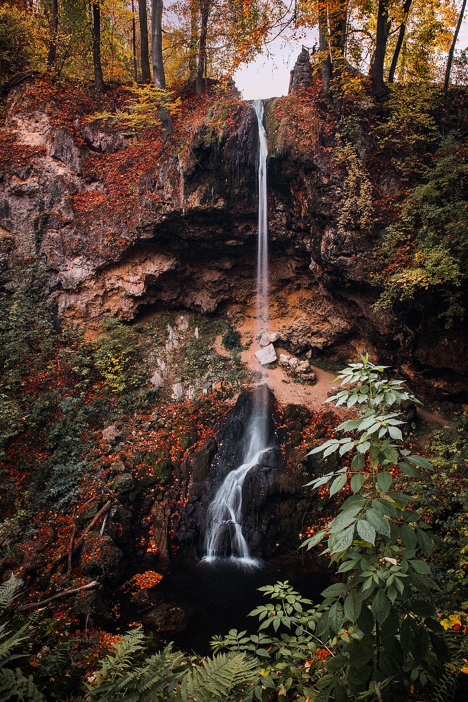 Waterfall on Cliff With Trees during Fall, cascade, daylight HD wallpaper