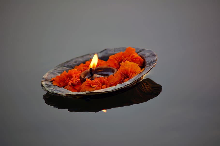 HD wallpaper: deepak, flower, floating, candle, river, fire, flame, burning  | Wallpaper Flare