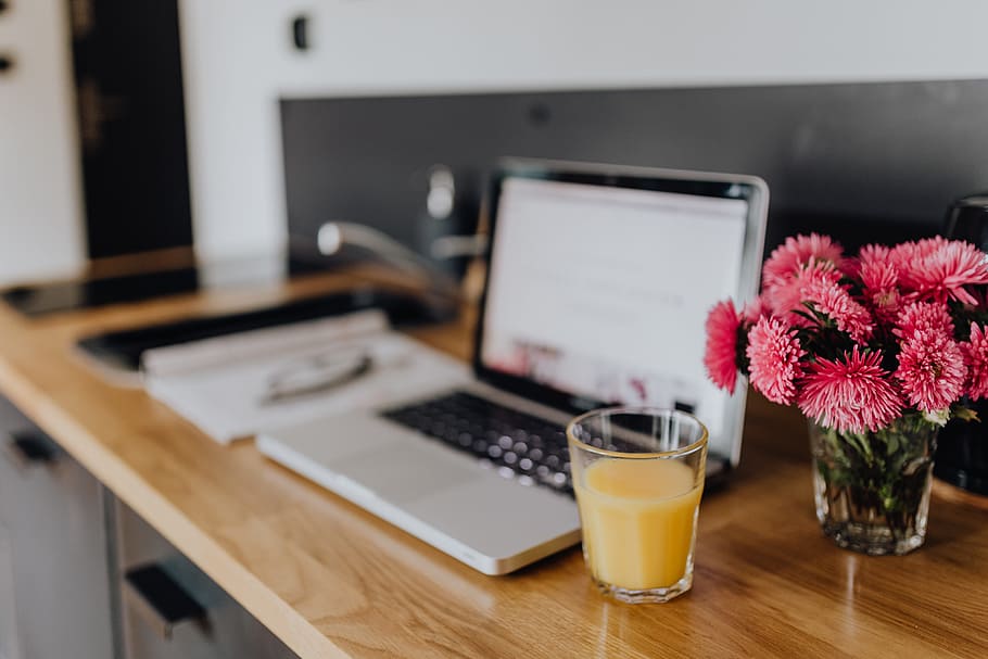 Beautiful fresh pink flowers on marble shelf, flora, workspace HD wallpaper