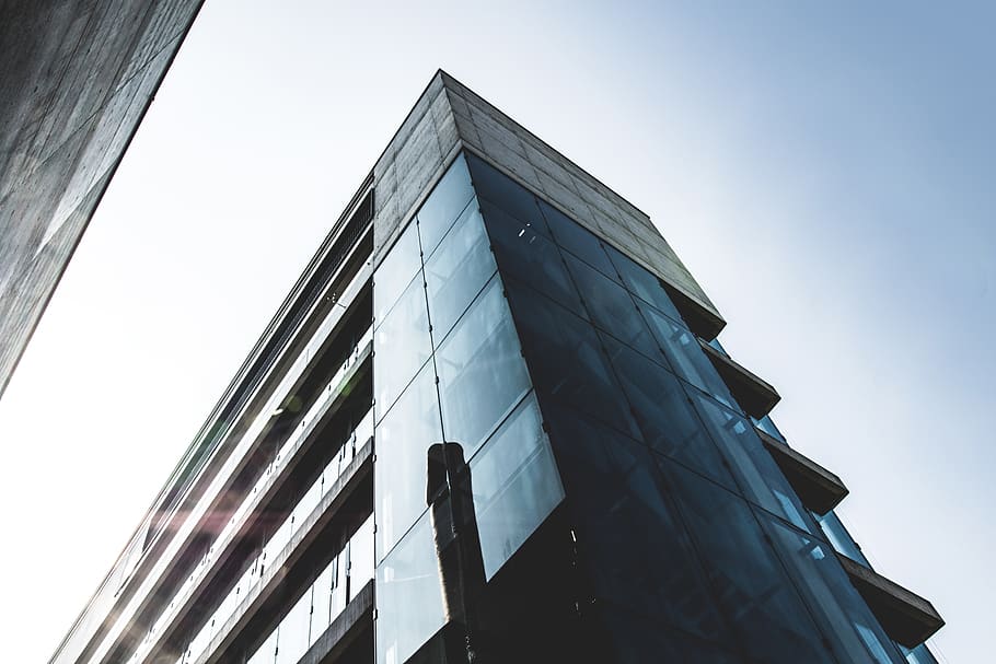 minimal, low angle, sky, facade, glass, city, urban, structure HD wallpaper