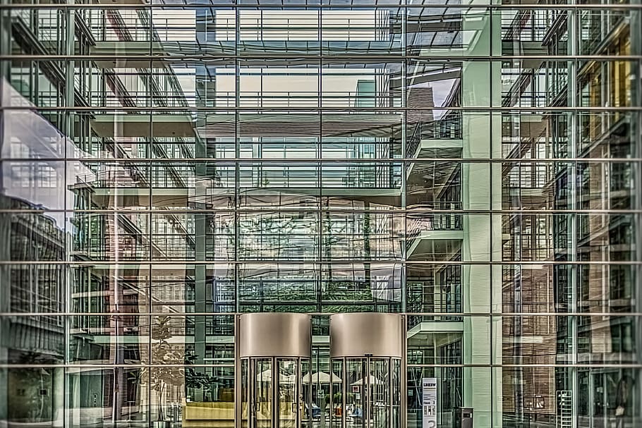 building, glass, facade, reflection, layers, modern, architecture HD wallpaper