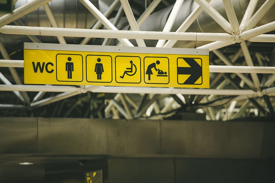 airport, transport, sign, direction, toilet, changing table