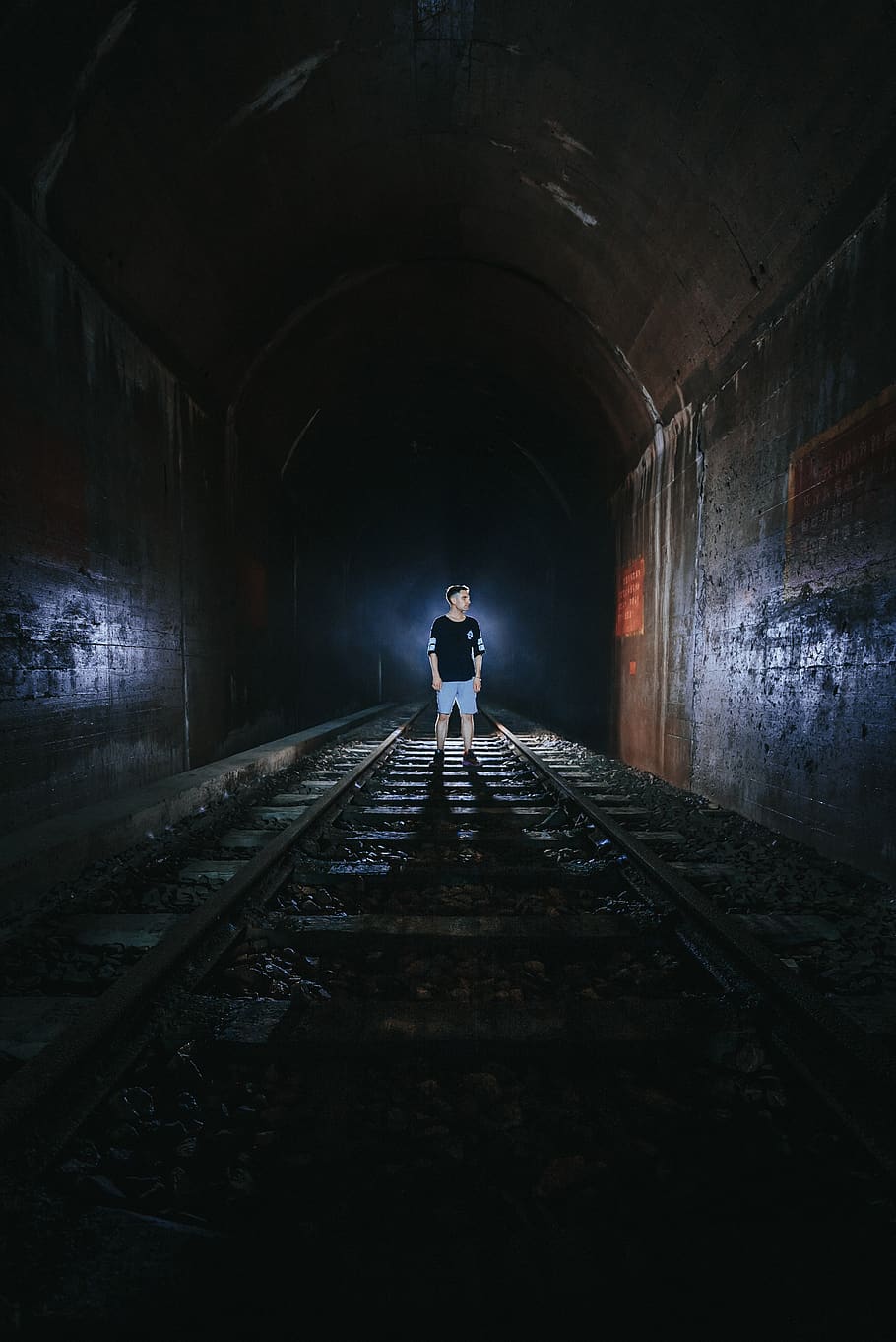 man standing on train tunnel, rail, male, train tracks, china