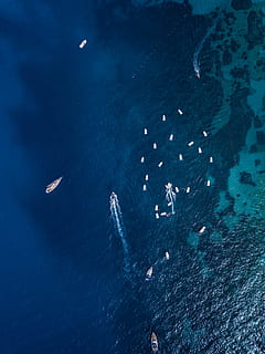 boat in the middle of the sea, drone view, water, sail, travel HD wallpaper