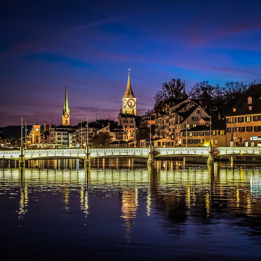 lighted building reflected on river, architecture, building exterior HD wallpaper