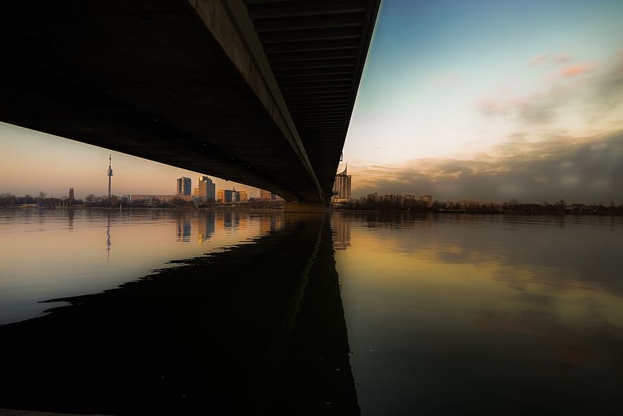 bridge, sunset, river, water, landscape, dusk, city, evening HD wallpaper
