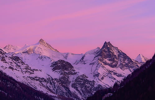 sunset, mountains, snow, winter, clouds, scenic, landscape HD wallpaper