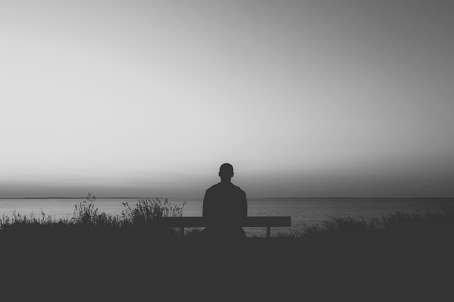 man sitting on bench, water, one person, sky, tranquility, beauty in nature HD wallpaper