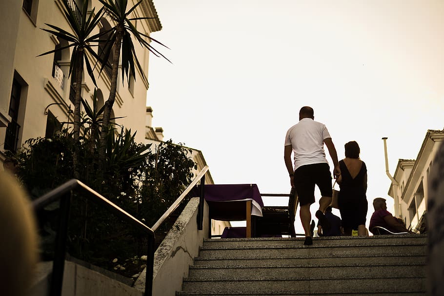 backlit, sunset, palm tree, silhouette, spain, stairs, walking HD wallpaper