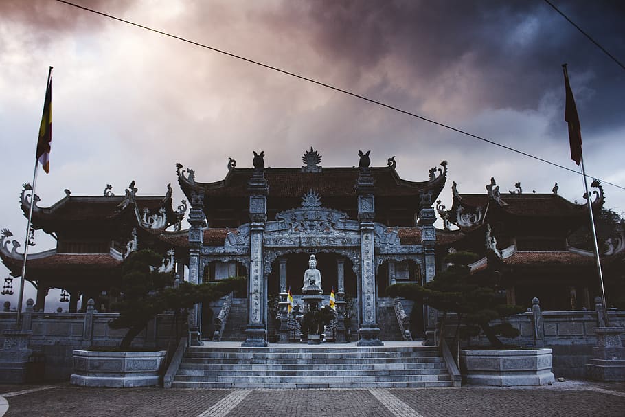 vietnam, fansipan, temple, sky, sunset, travel, architecture, HD wallpaper