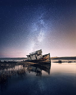Wrecked Ship on Body of Water With Galaxy Background, abandoned HD wallpaper