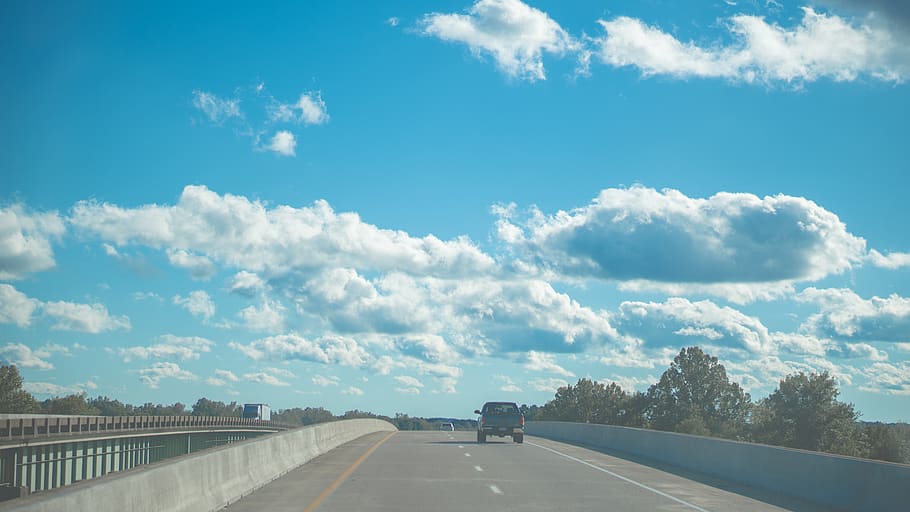 sky, tree, bridge, street view, vivid sky, clouds, blue sky HD wallpaper