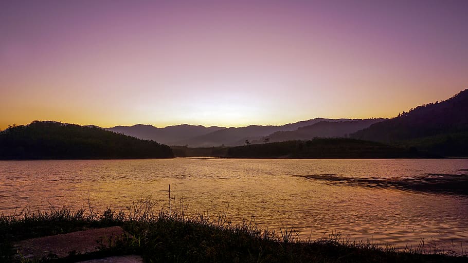 lake, sunrise, water, mountain, tranquility, sky, tranquil scene HD wallpaper