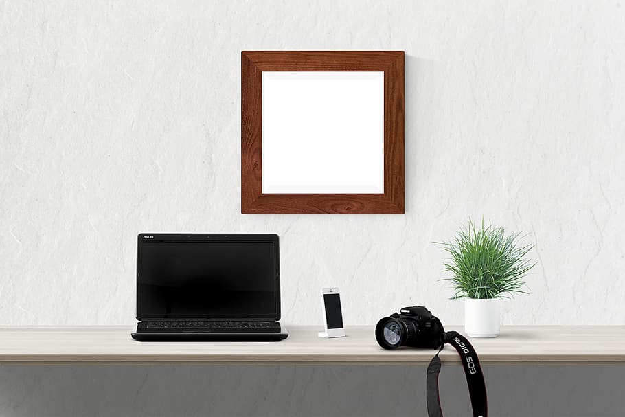 poster, frame, laptop, camera, plant, technology, computer HD wallpaper