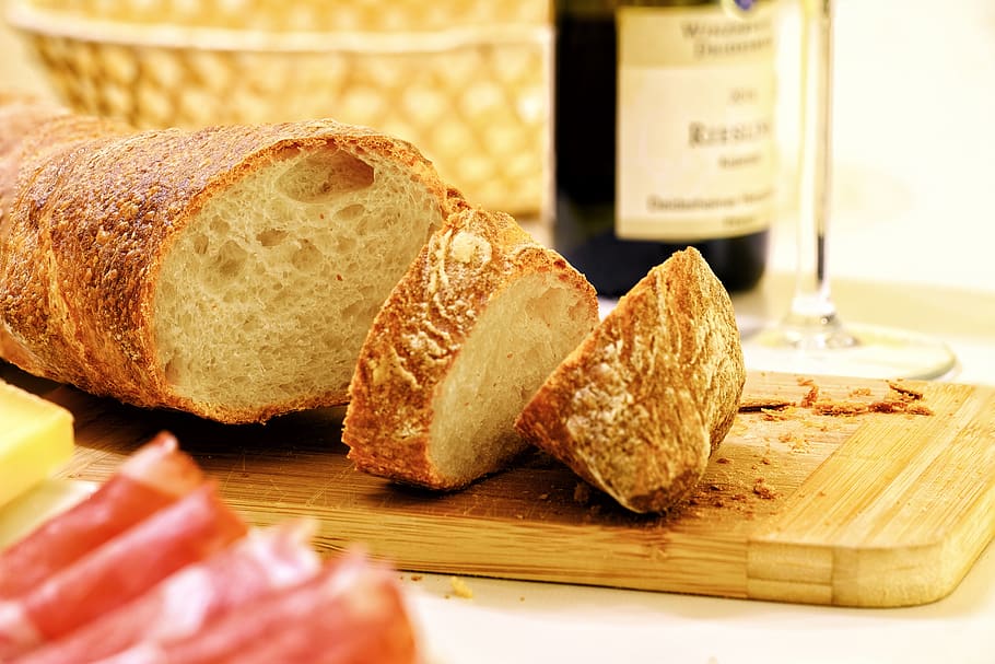 bread, baguette, snack, vespers, jause, wurstplatte, meat, cheese HD wallpaper