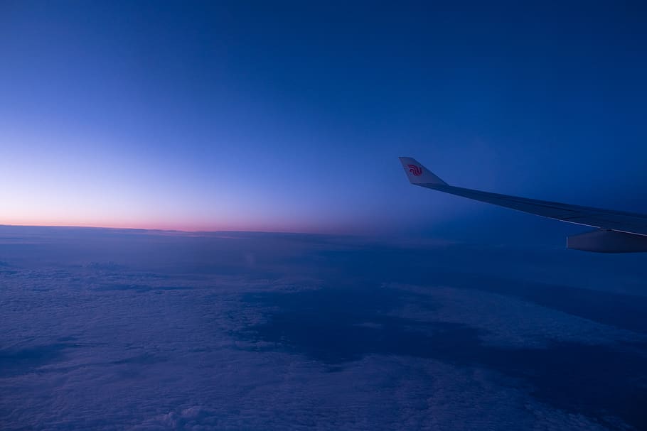 sky, blue, cloud, airplane, wing, red, orange, earth, air vehicle HD wallpaper