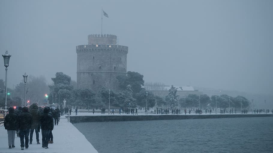 thessaloniki, white tower of thessaloniki, macedonia, snow at thessaloniki, HD wallpaper