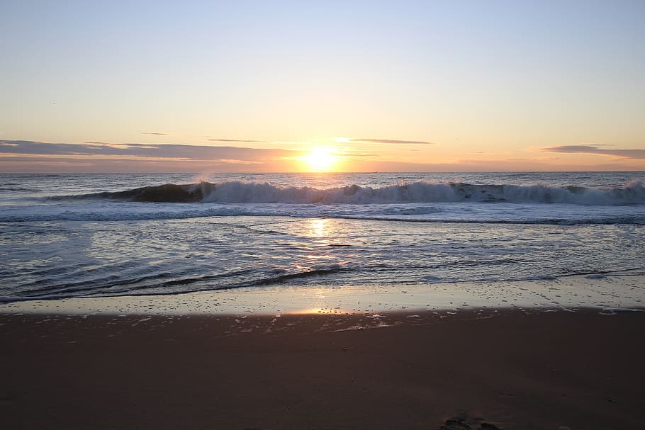 beach, sunrise, ocean, sea, sunset, sky, water, land, beauty in nature HD wallpaper