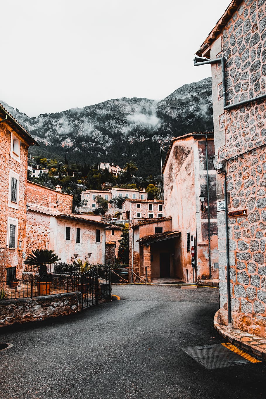 spain, deià, moody, clouds, town, village, landscape, mountains HD wallpaper