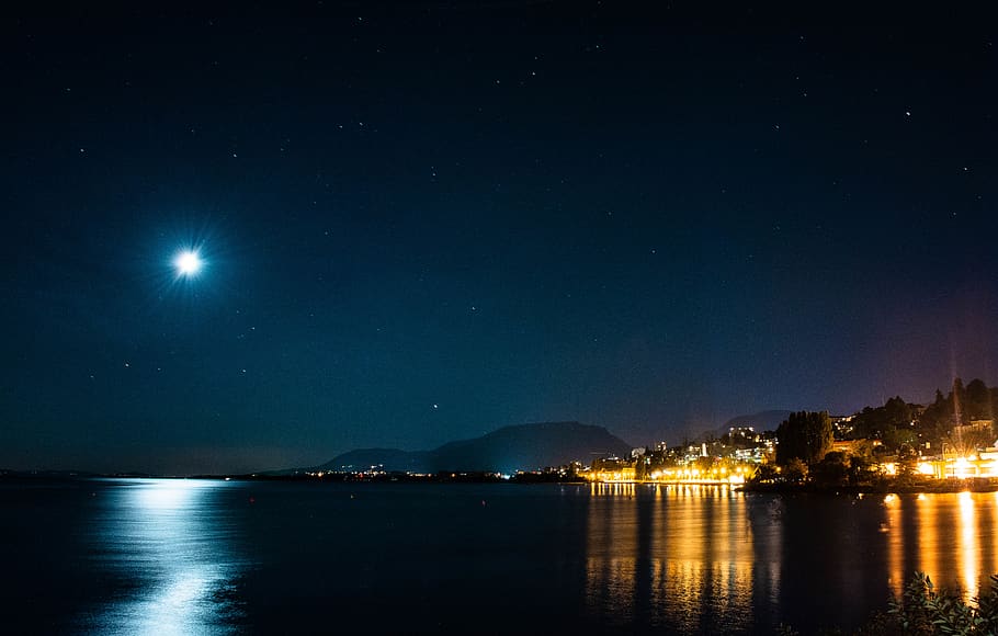 switzerland, neuchâtel, night, water, sky, illuminated, star - space HD wallpaper