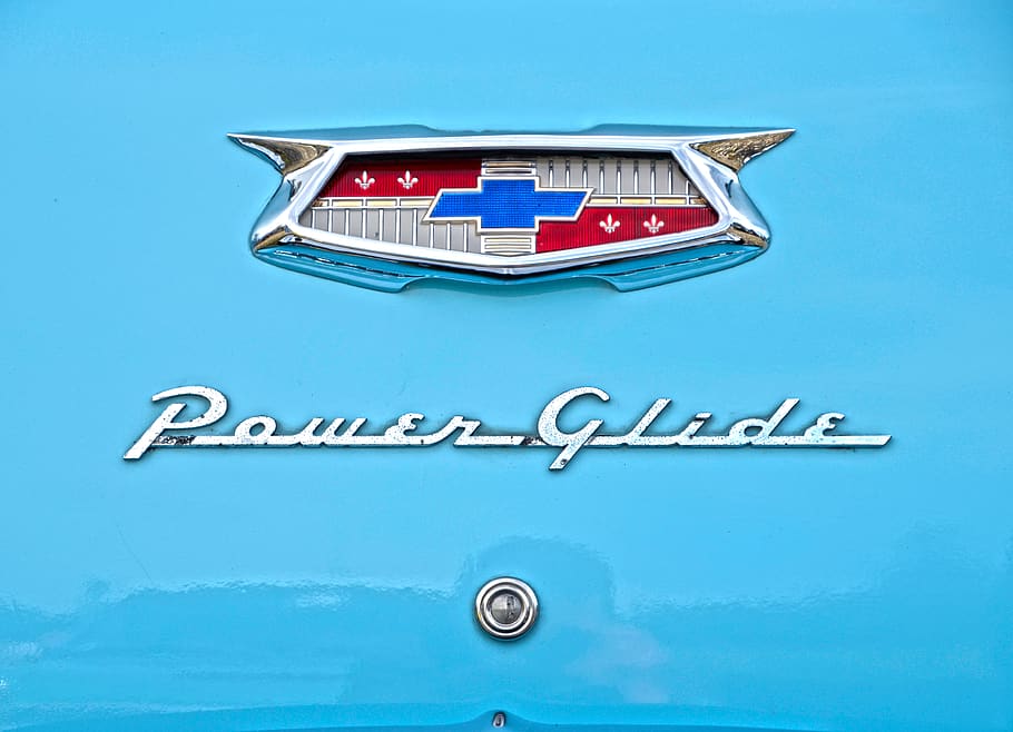 power glide, car badge, retro, chrome, blue, communication, HD wallpaper