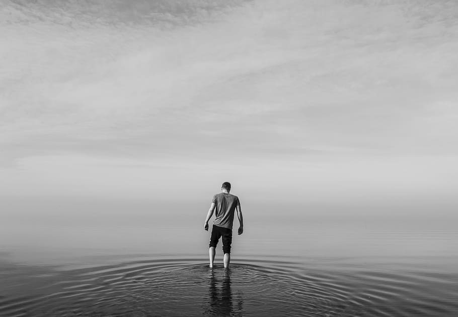 person standing in body of water, outdoor, lake, sky, lookingout, HD wallpaper