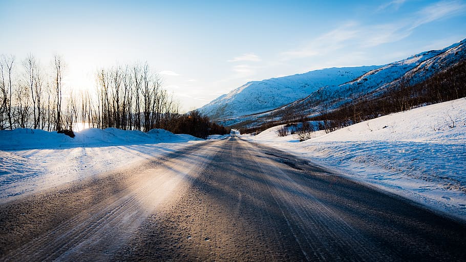 frozen, mountain, norway, perspective, road, shadow, sunset HD wallpaper